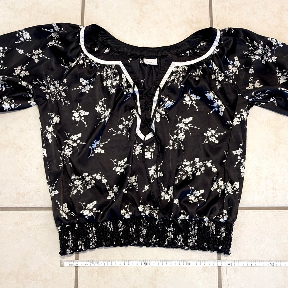 Size XL Y2K Suzy Shier Lace Up Floral Black and White Peasant Blouse Fairycore - Picture 9 of 14